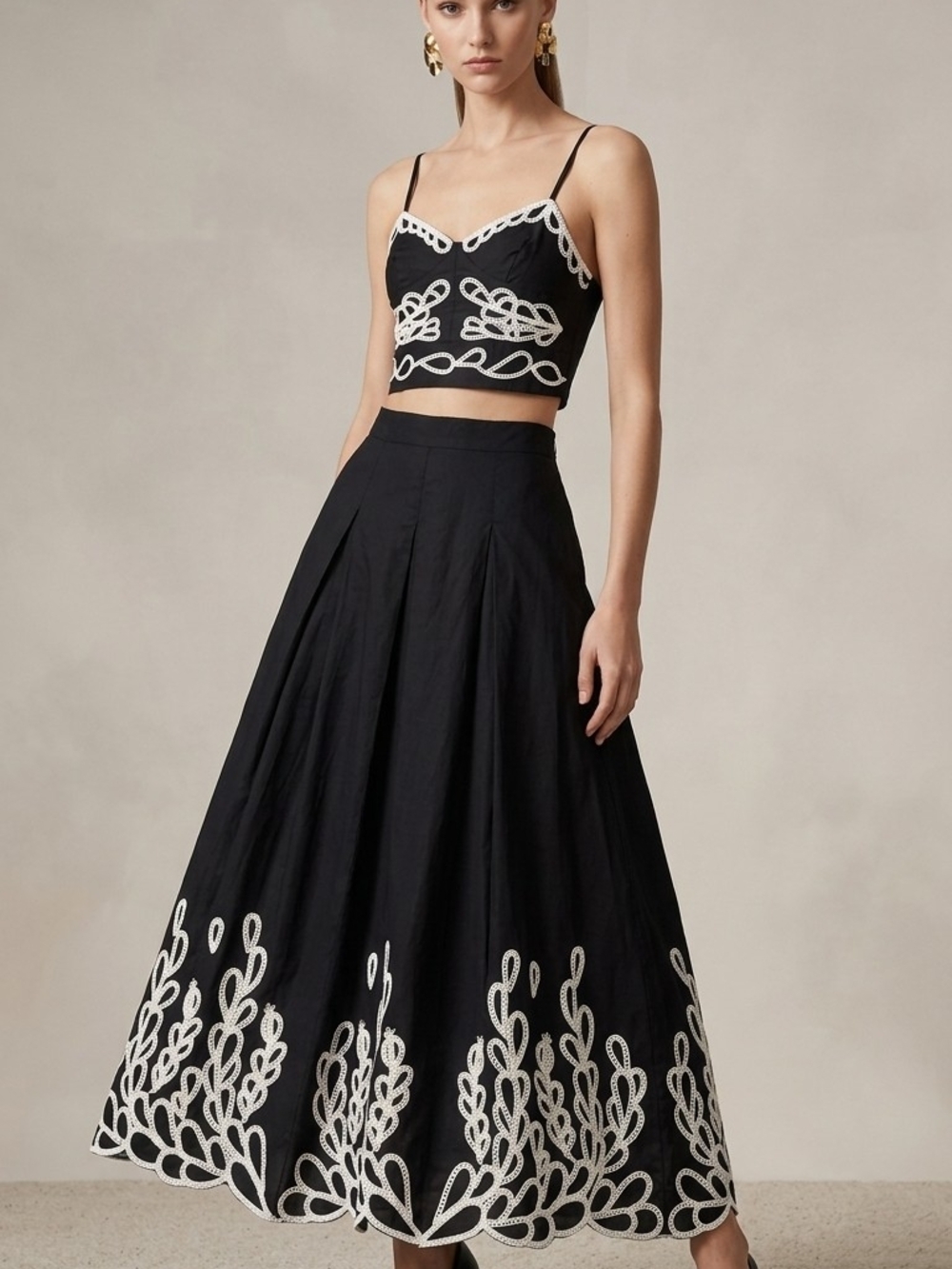Jason Wu Black Maxi Skirt with White Embroidered Hem
